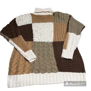 Carducci Women’s Hand Knit Sweater Long Sleeve Pom Pom Cream Tan Brown Large